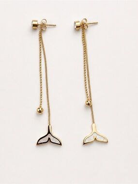 18K Gold Plated Stainless Steel Whale Tail Long Drop Earrings